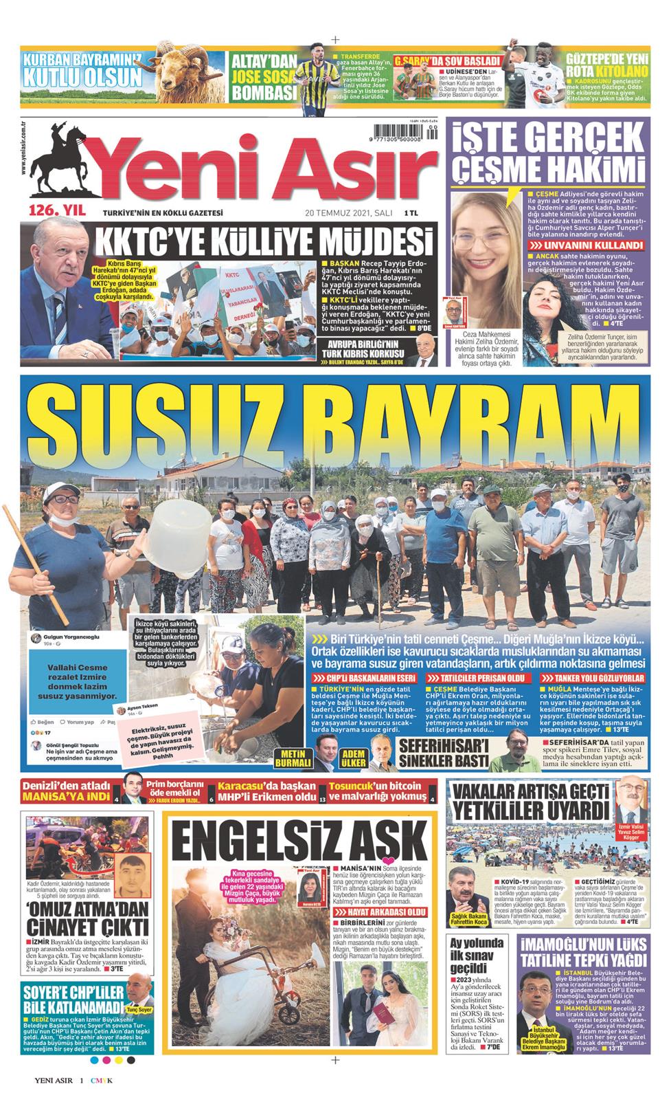 20 Temmuz 2021 Salı - Yeni Asır gazetesi manşet