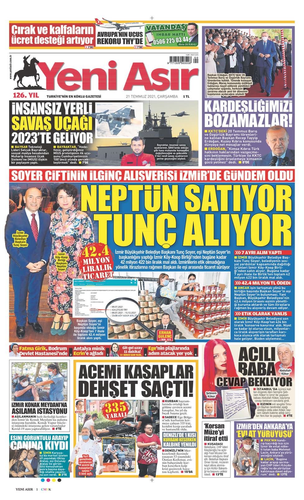 21 Temmuz 2021 Çarşamba - Yeni Asır gazetesi manşet