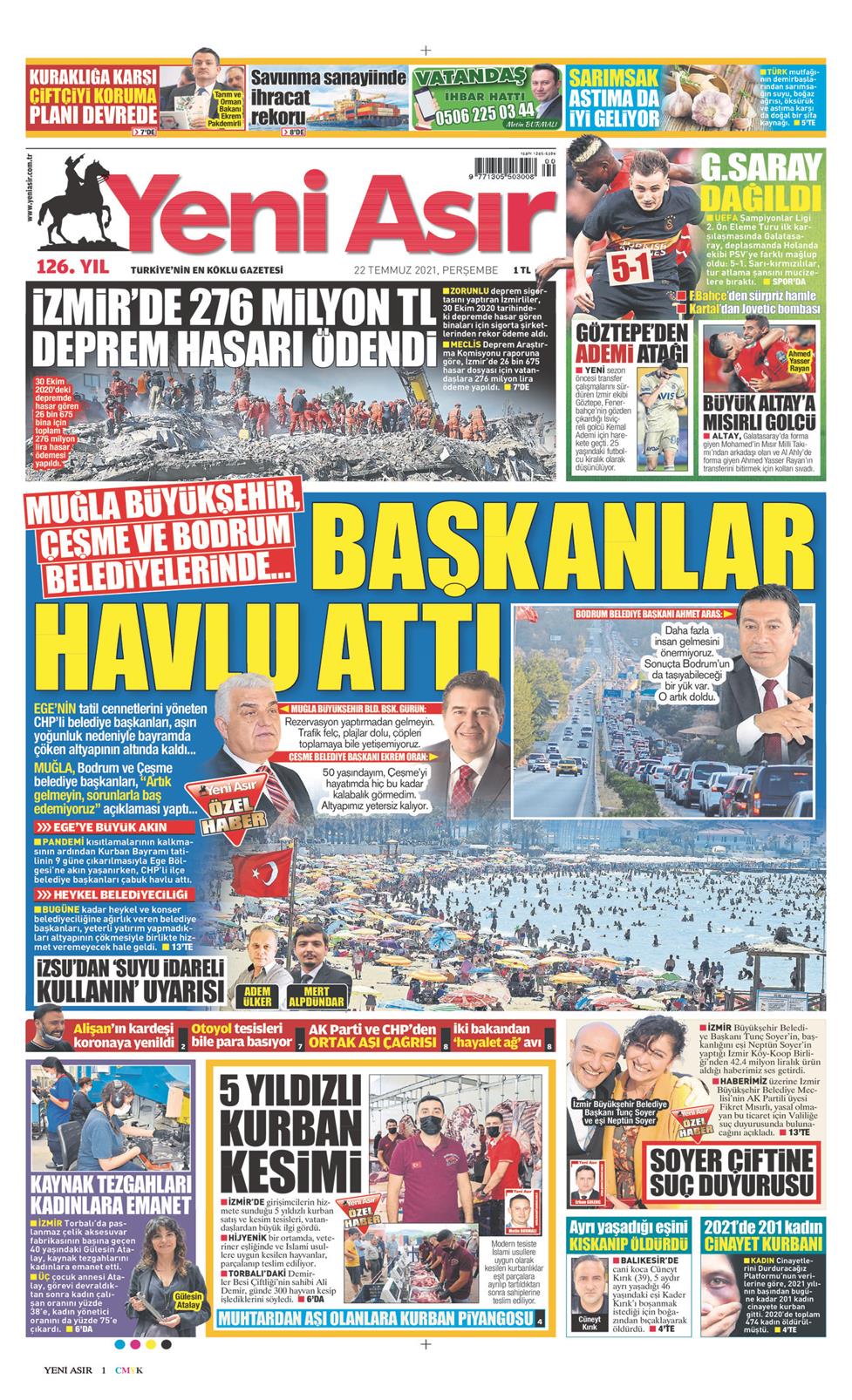 22 Temmuz 2021 Perşembe - Yeni Asır gazetesi manşet
