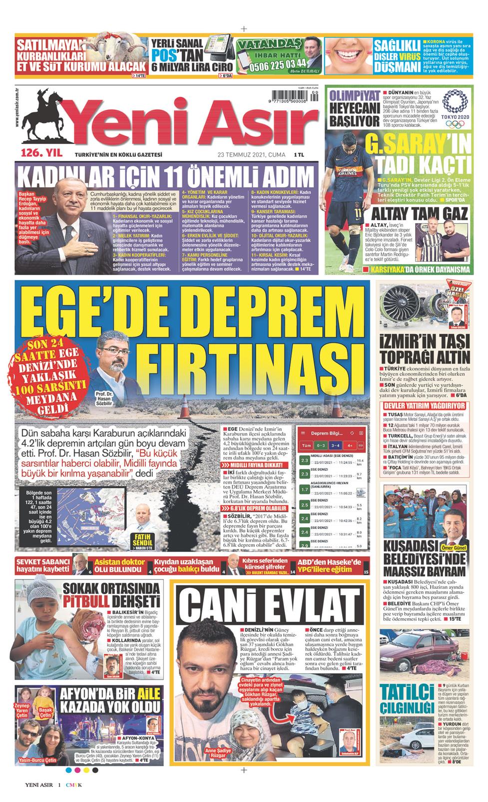 23 Temmuz 2021 Cuma - Yeni Asır gazetesi manşet