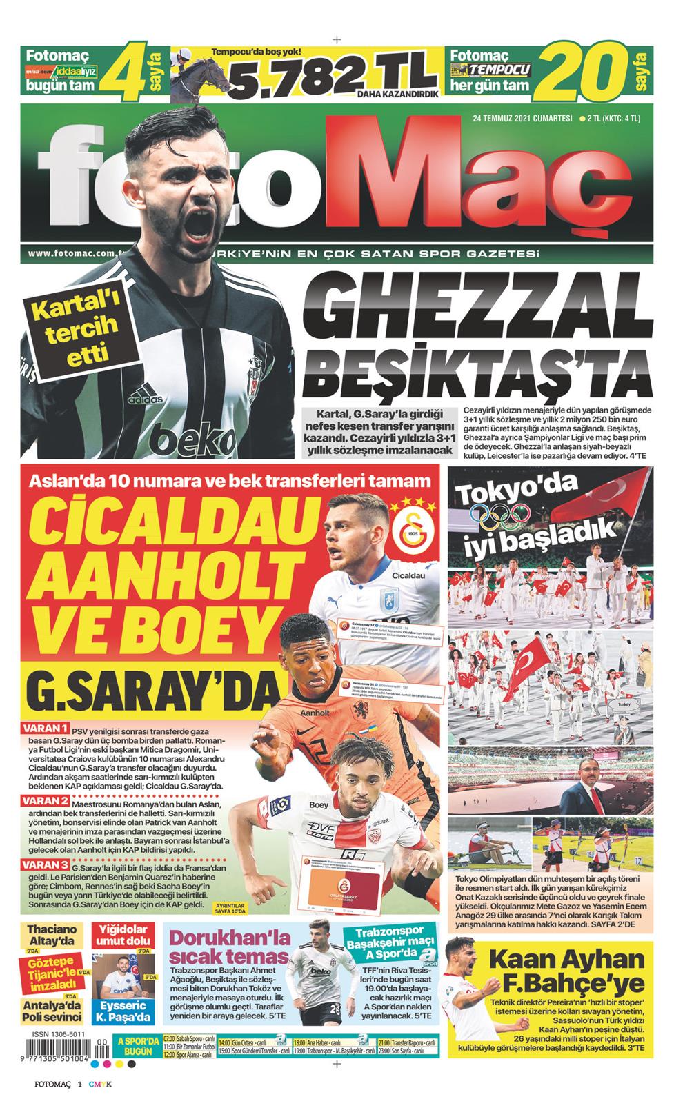 24 Temmuz 2021 Cumartesi - Fotomaç gazetesi manşet