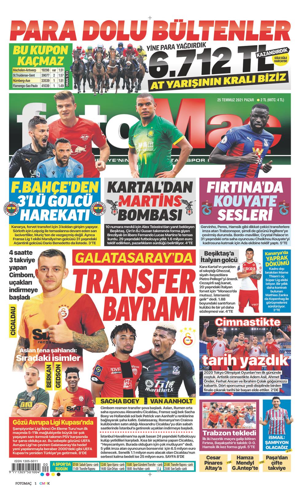 25 Temmuz 2021 Pazar - Fotomaç gazetesi manşet