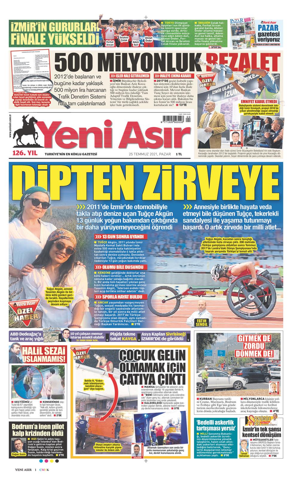 25 Temmuz 2021 Pazar - Yeni Asır gazetesi manşet