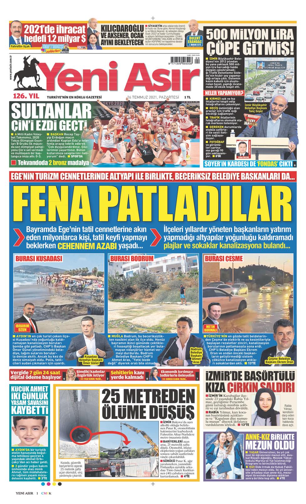 26 Temmuz 2021 Pazartesi - Yeni Asır gazetesi manşet