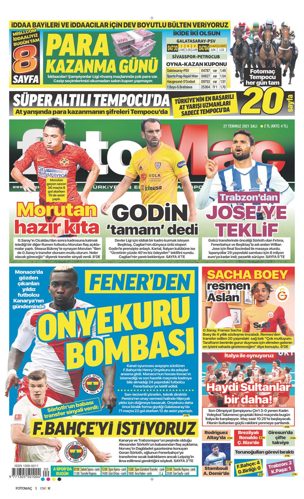 27 Temmuz 2021 Salı - Fotomaç gazetesi manşet