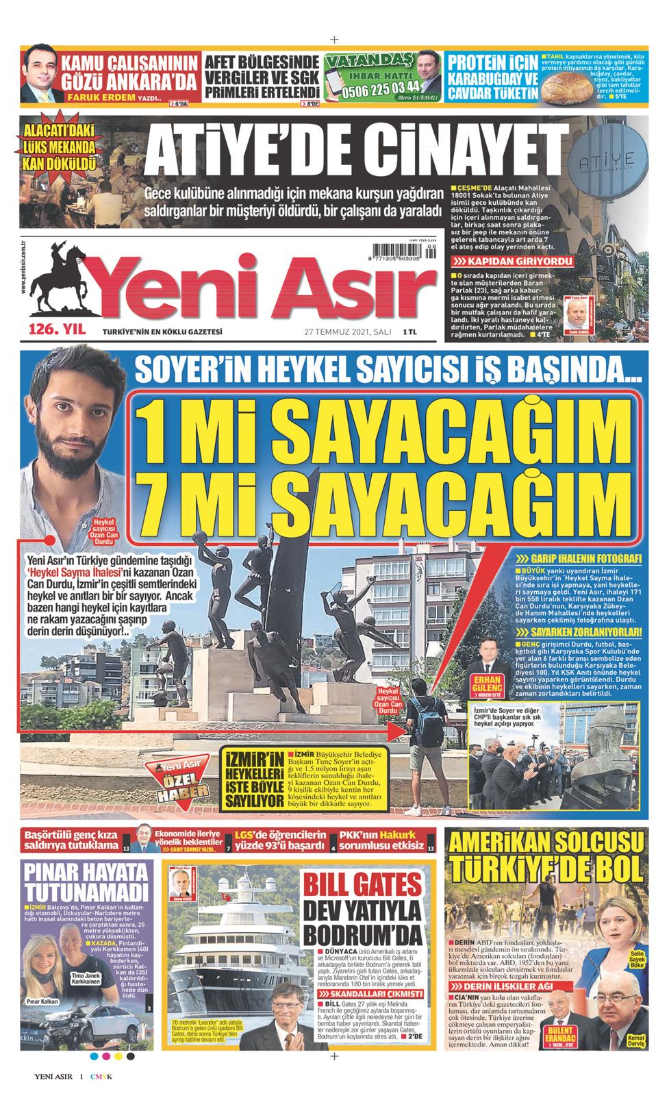 27 Temmuz 2021 Salı - Yeni Asır gazetesi manşet
