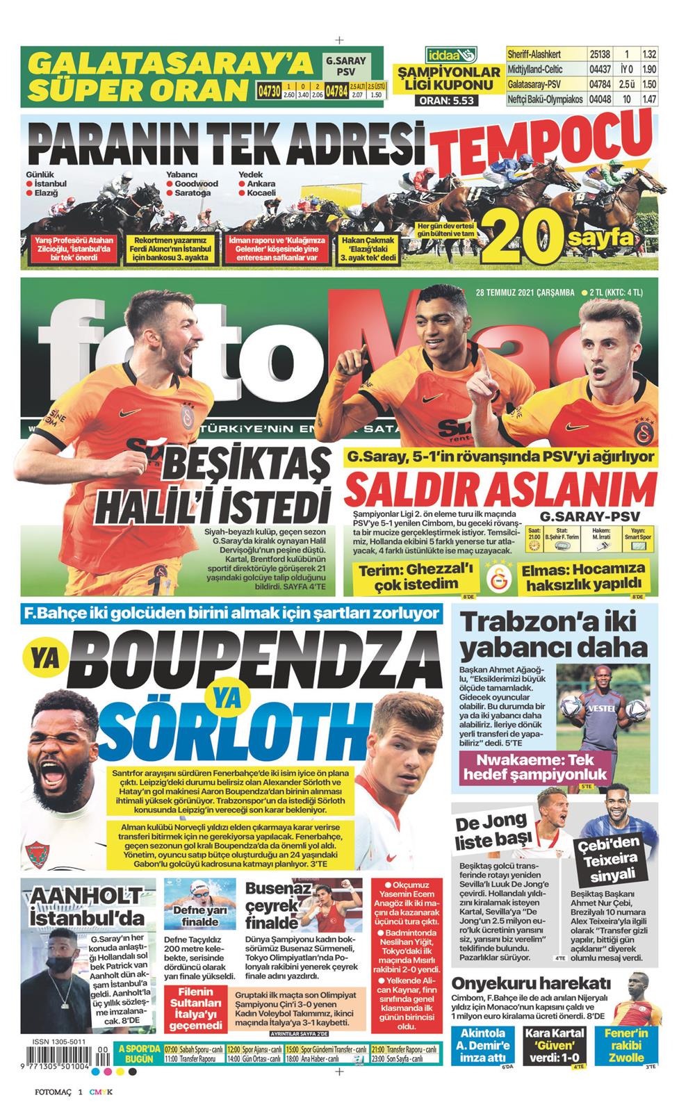 28 Temmuz 2021 Çarşamba - Fotomaç gazetesi manşet