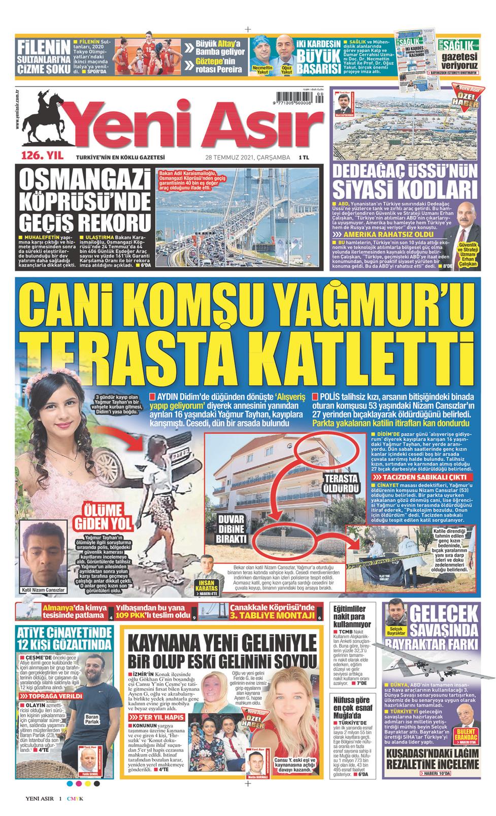 28 Temmuz 2021 Çarşamba - Yeni Asır gazetesi manşet
