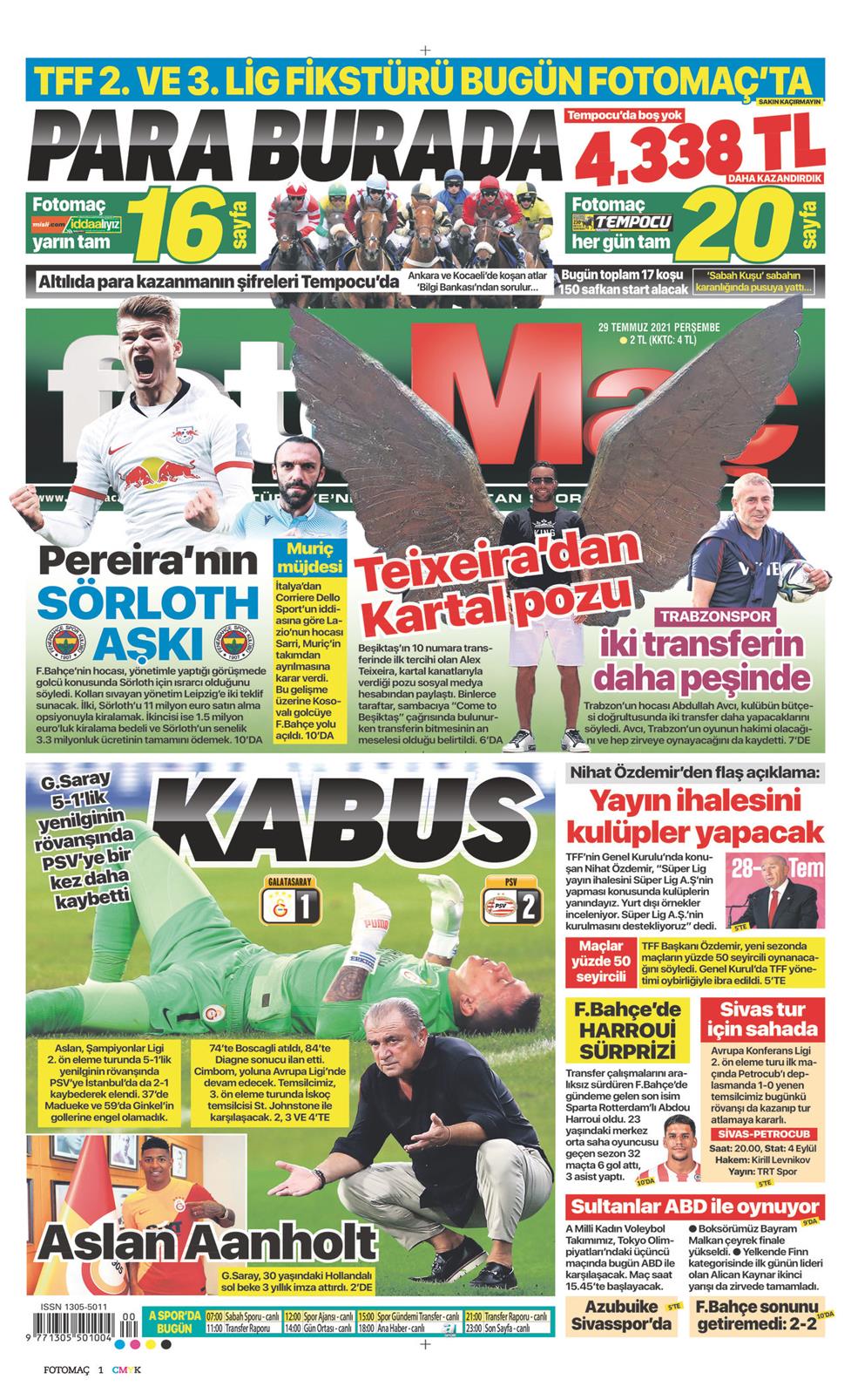 29 Temmuz 2021 Perşembe - Fotomaç gazetesi manşet