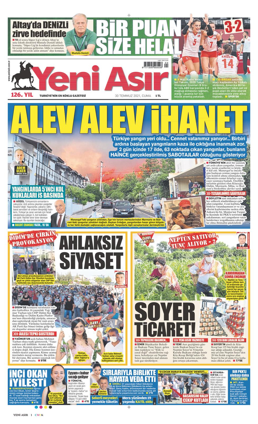 30 Temmuz 2021 Cuma - Yeni Asır gazetesi manşet