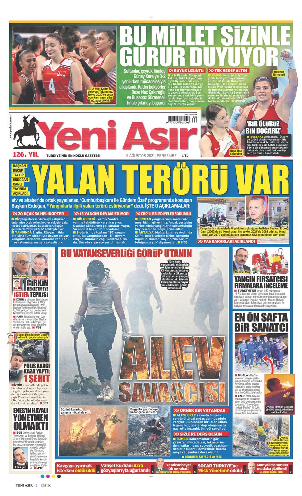 05 Ağustos 2021 Perşembe - Yeni Asır gazetesi manşet