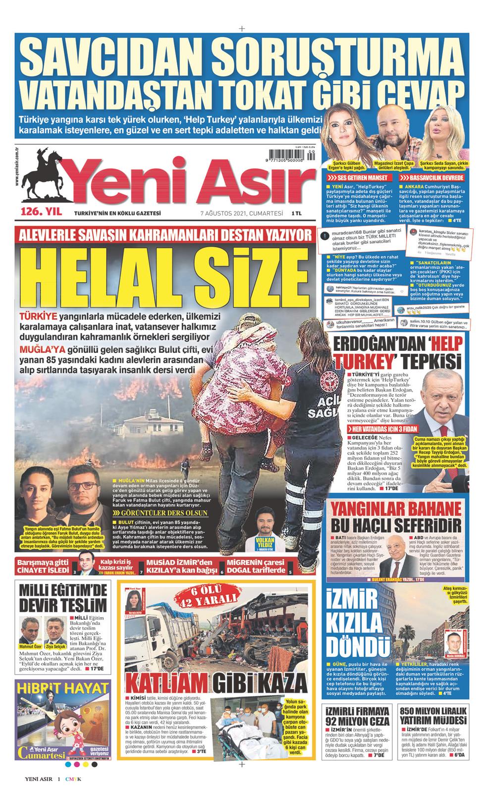 07 Ağustos 2021 Cumartesi - Yeni Asır gazetesi manşet