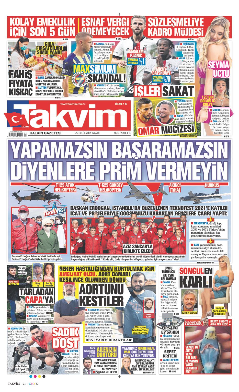 26 Eylül 2021 Pazar - Takvim gazetesi manşet