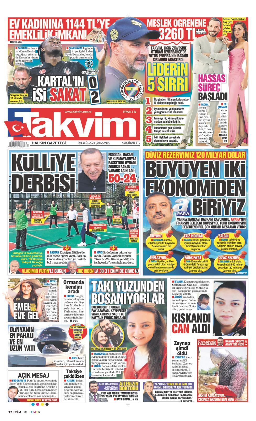 29 Eylül 2021 Çarşamba - Takvim gazetesi manşet