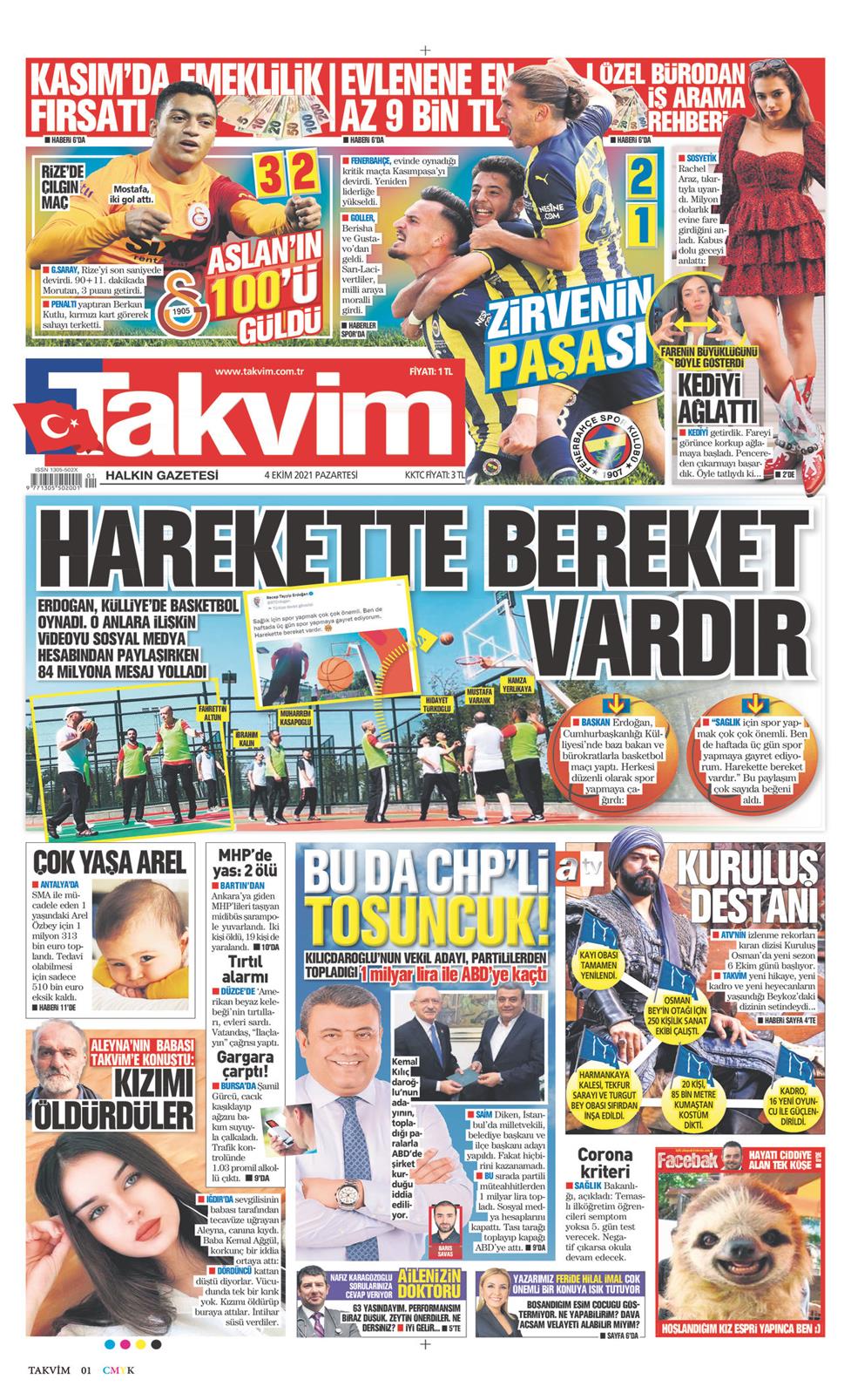 04 Ekim 2021 Pazartesi - Takvim gazetesi manşet