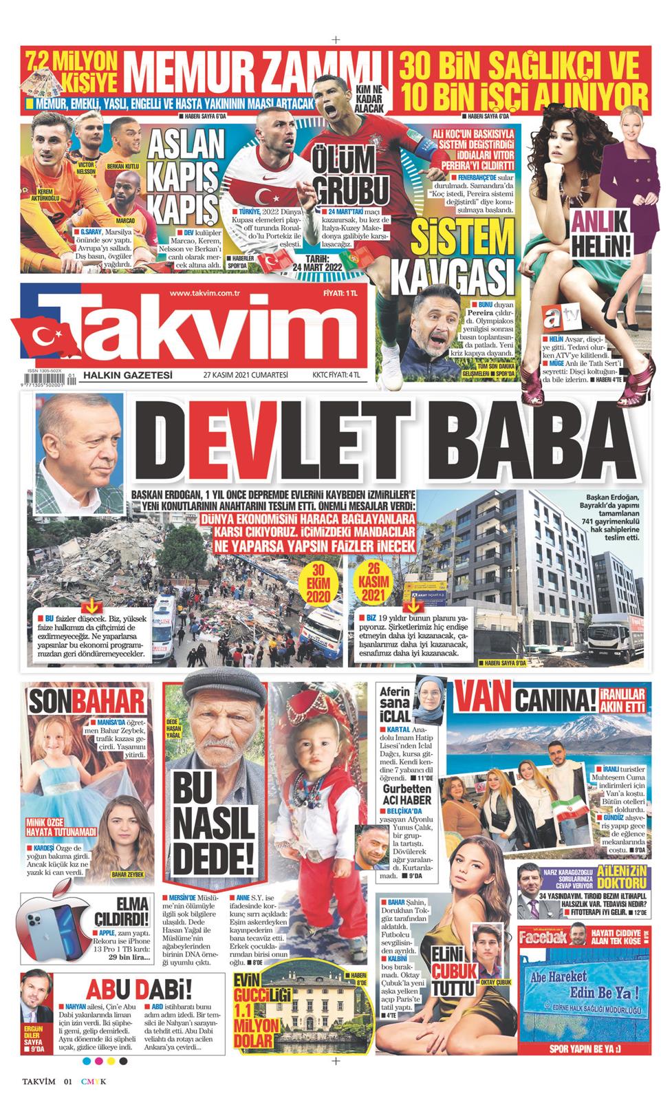 27 Kasım 2021 Cumartesi - Takvim gazetesi manşet