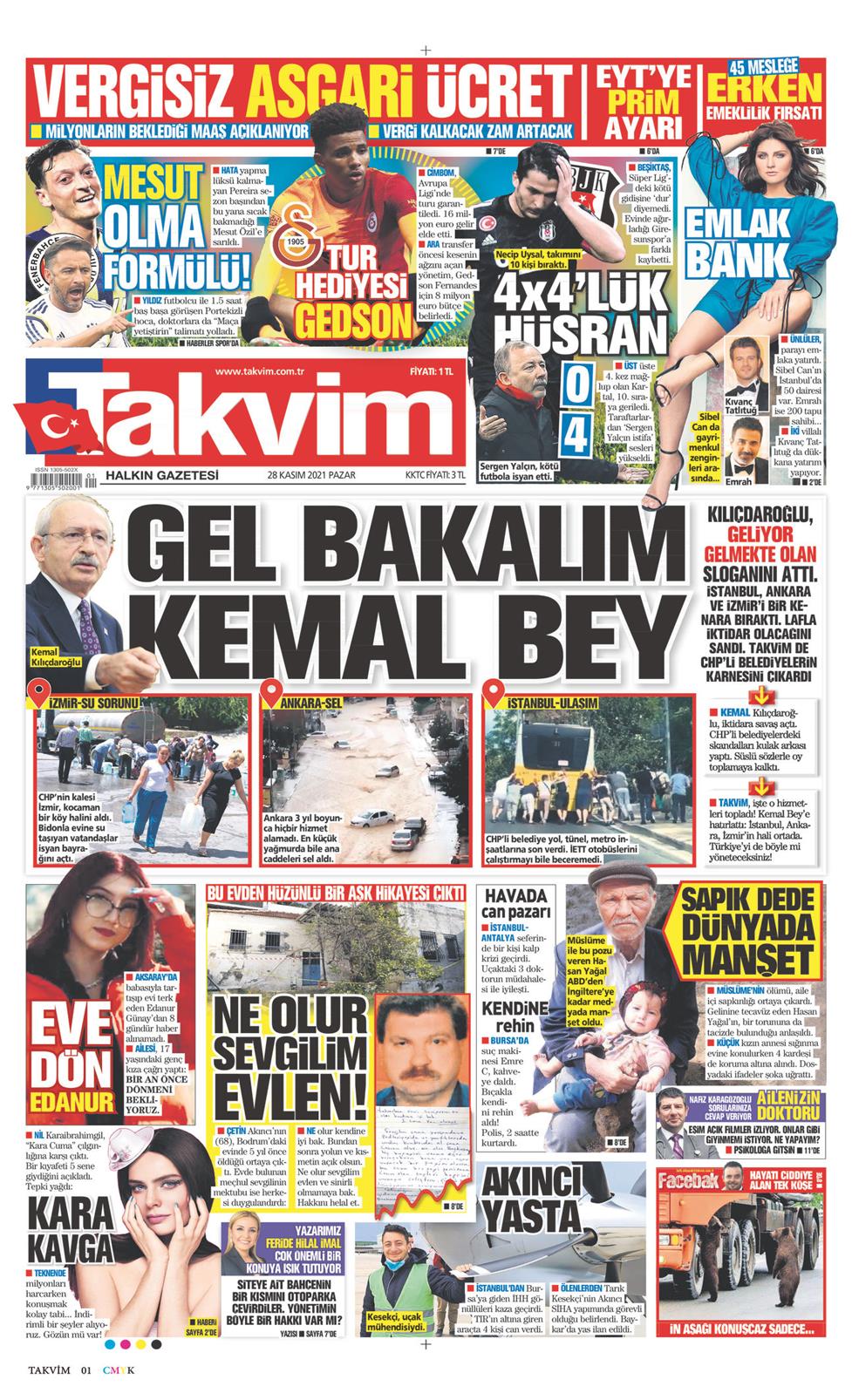 28 Kasım 2021 Pazar - Takvim gazetesi manşet