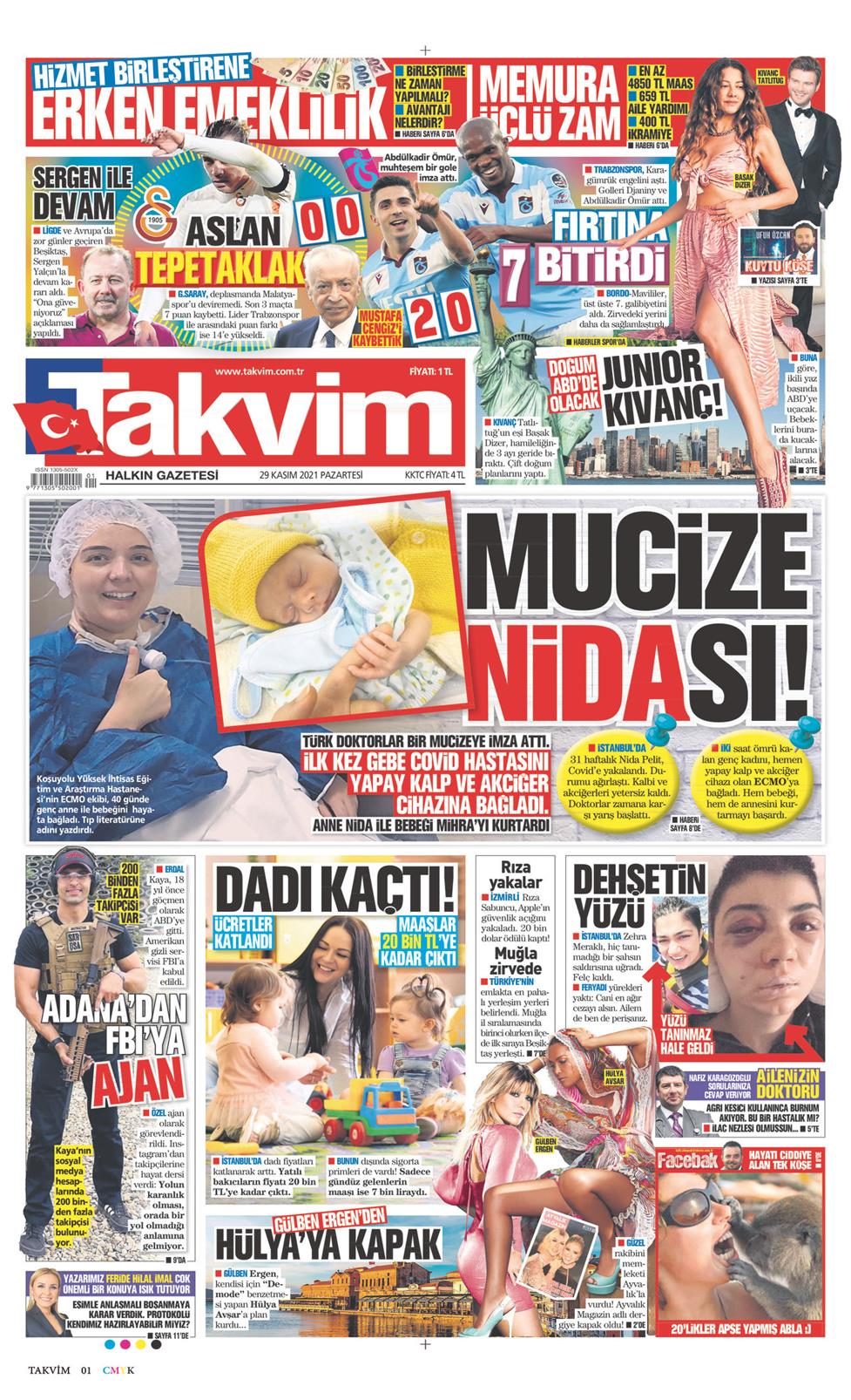 29 Kasım 2021 Pazartesi - Takvim gazetesi manşet