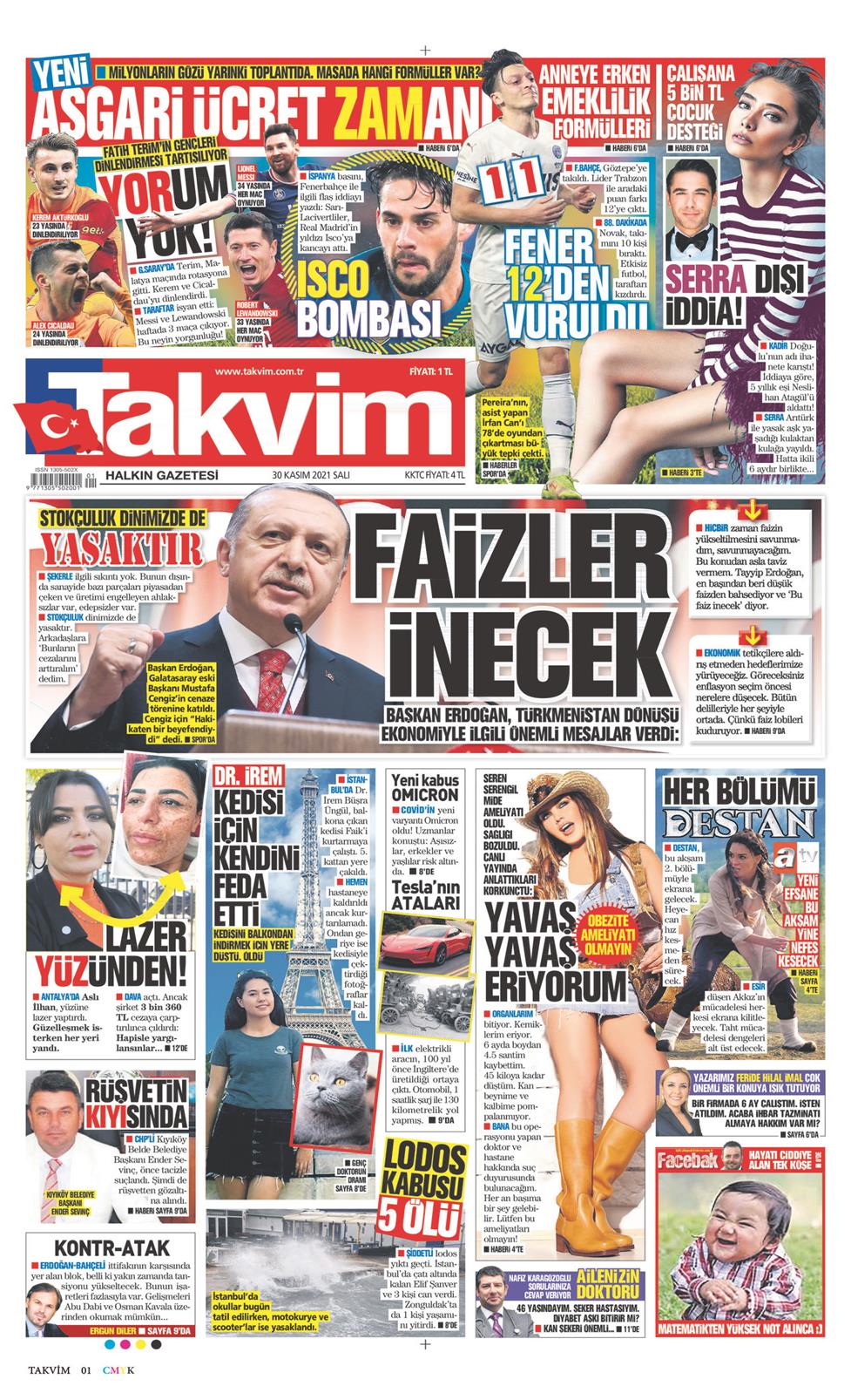 30 Kasım 2021 Salı - Takvim gazetesi manşet