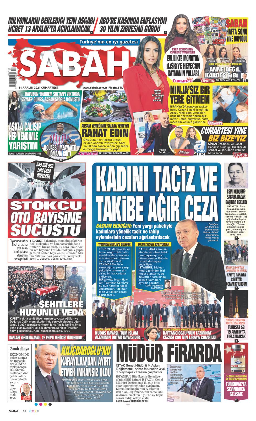 Sabah Gazetesi 11 Aralık 2021, Cumartesi Günü Manşeti