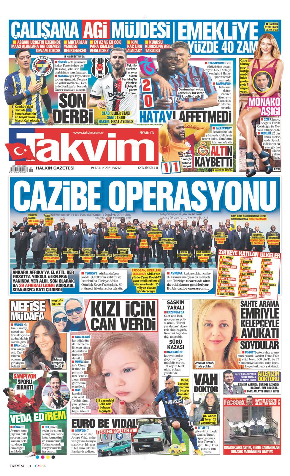 19 Aralık 2021 Pazar - Takvim gazetesi manşet