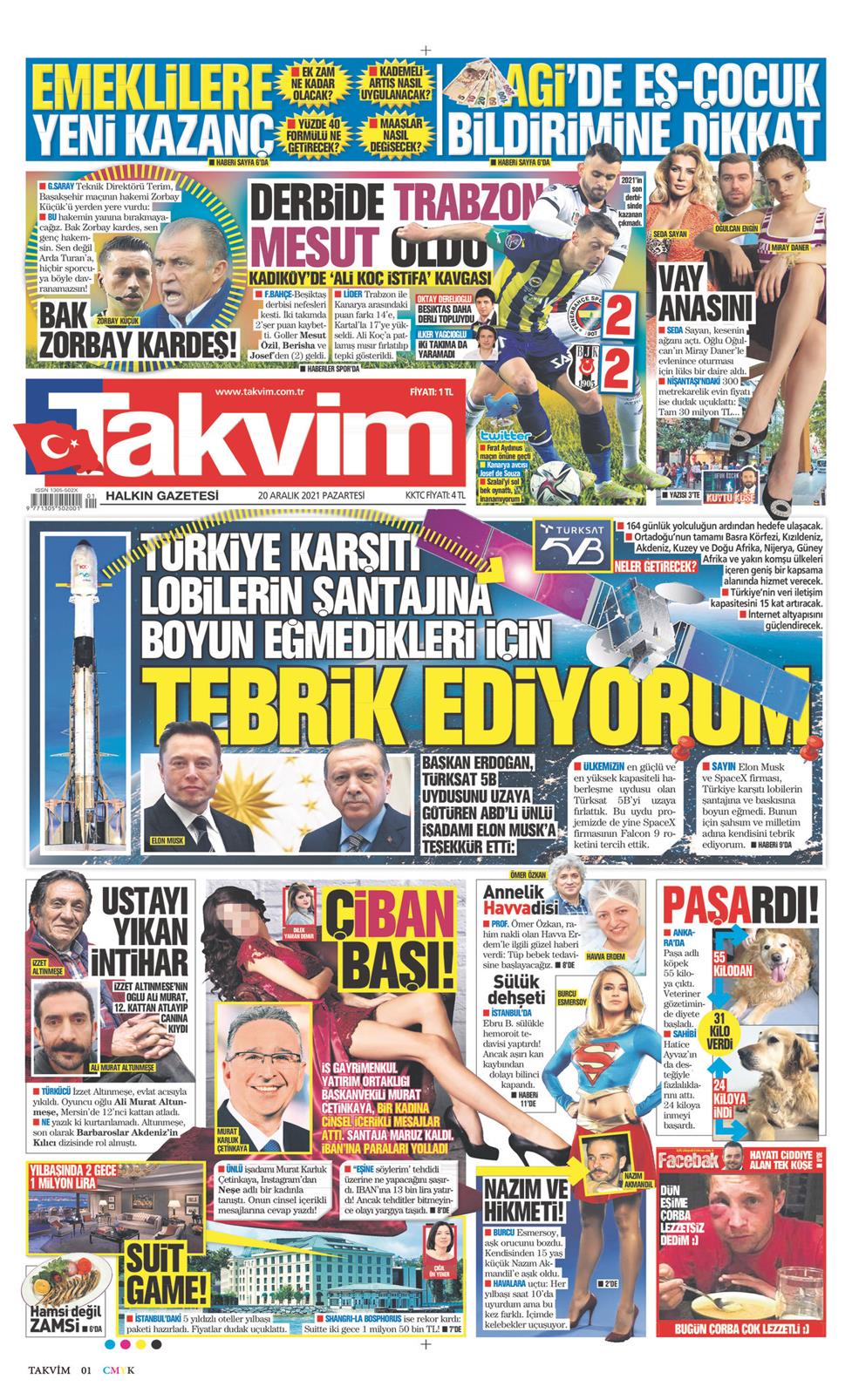 20 Aralık 2021 Pazartesi - Takvim gazetesi manşet