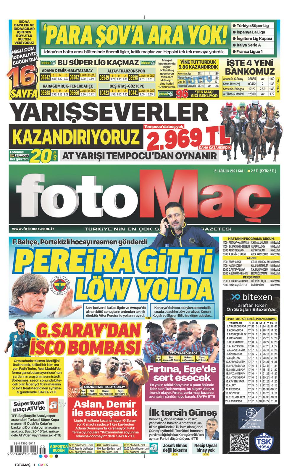21 Aralık 2021 Salı - Fotomaç gazetesi manşet