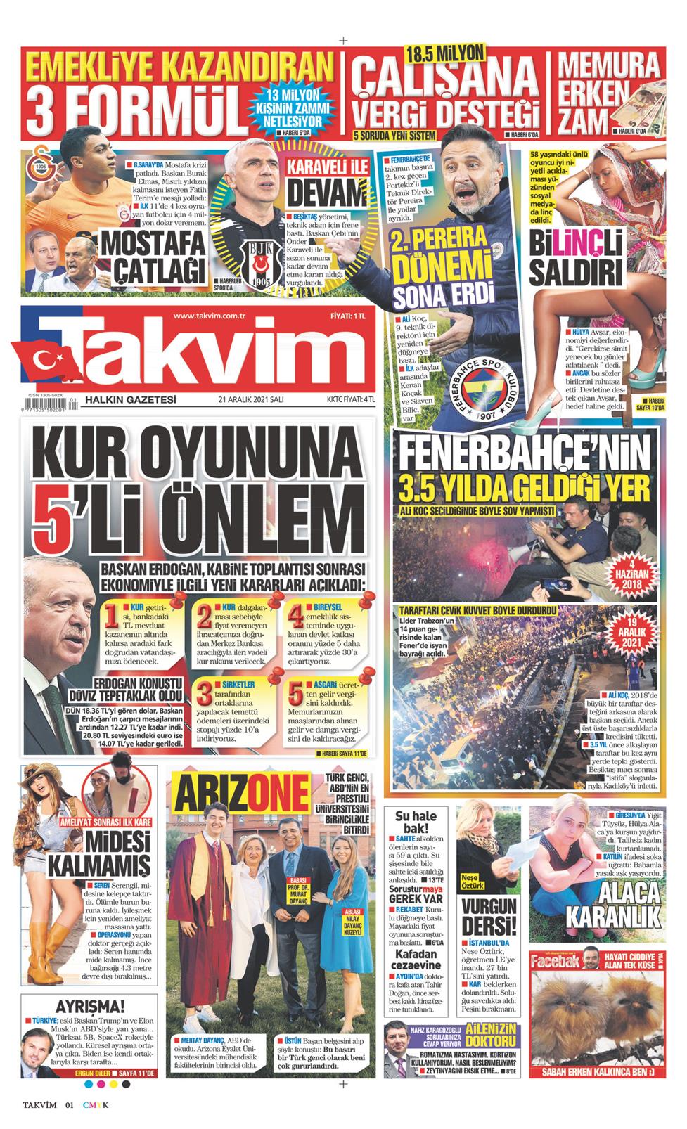 21 Aralık 2021 Salı - Takvim gazetesi manşet