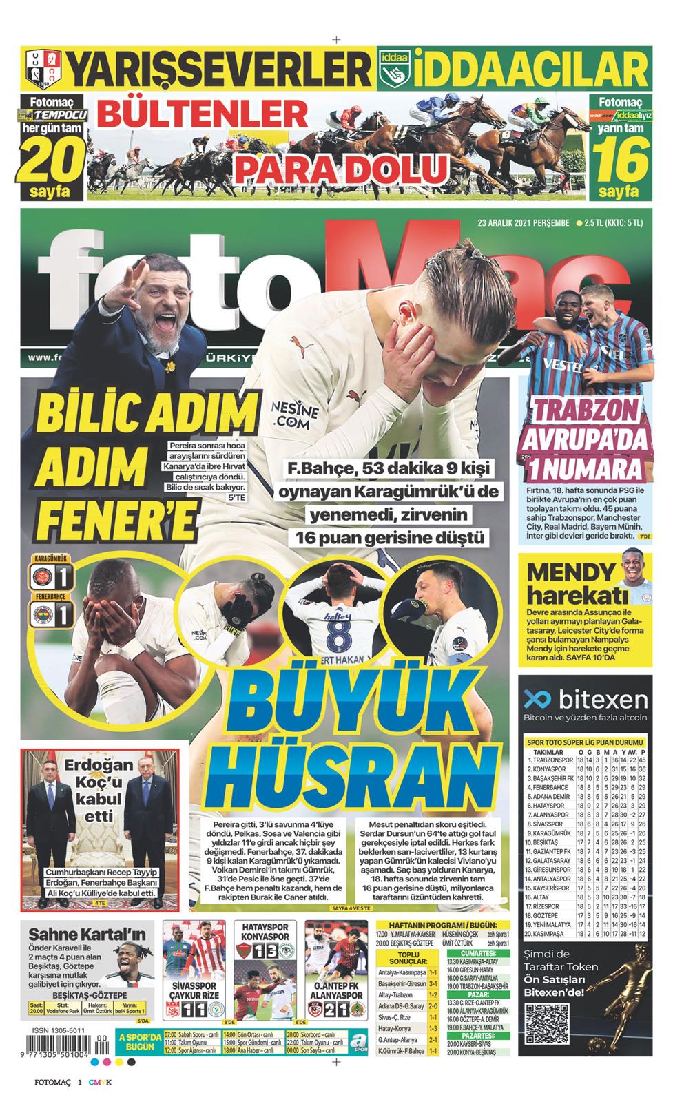 23 Aralık 2021 Perşembe - Fotomaç gazetesi manşet
