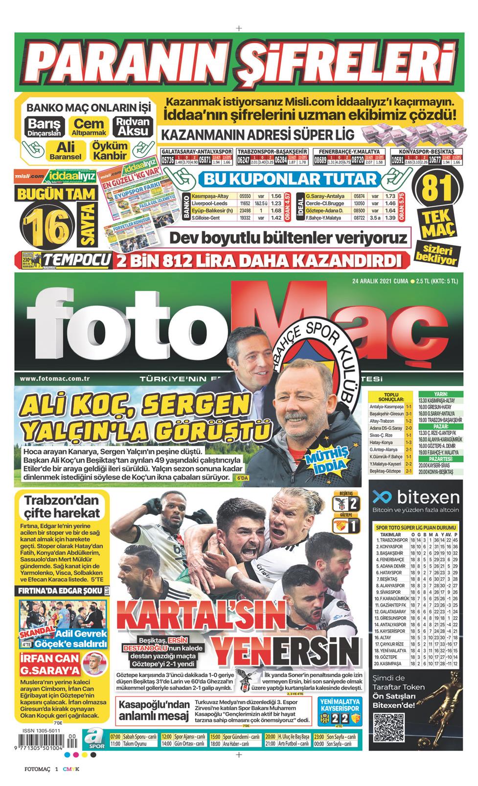 24 Aralık 2021 Cuma - Fotomaç gazetesi manşet