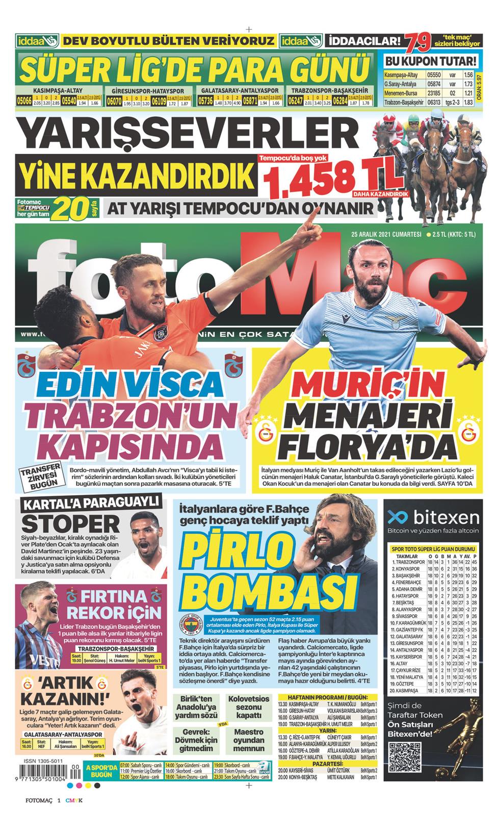25 Aralık 2021 Cumartesi - Fotomaç gazetesi manşet