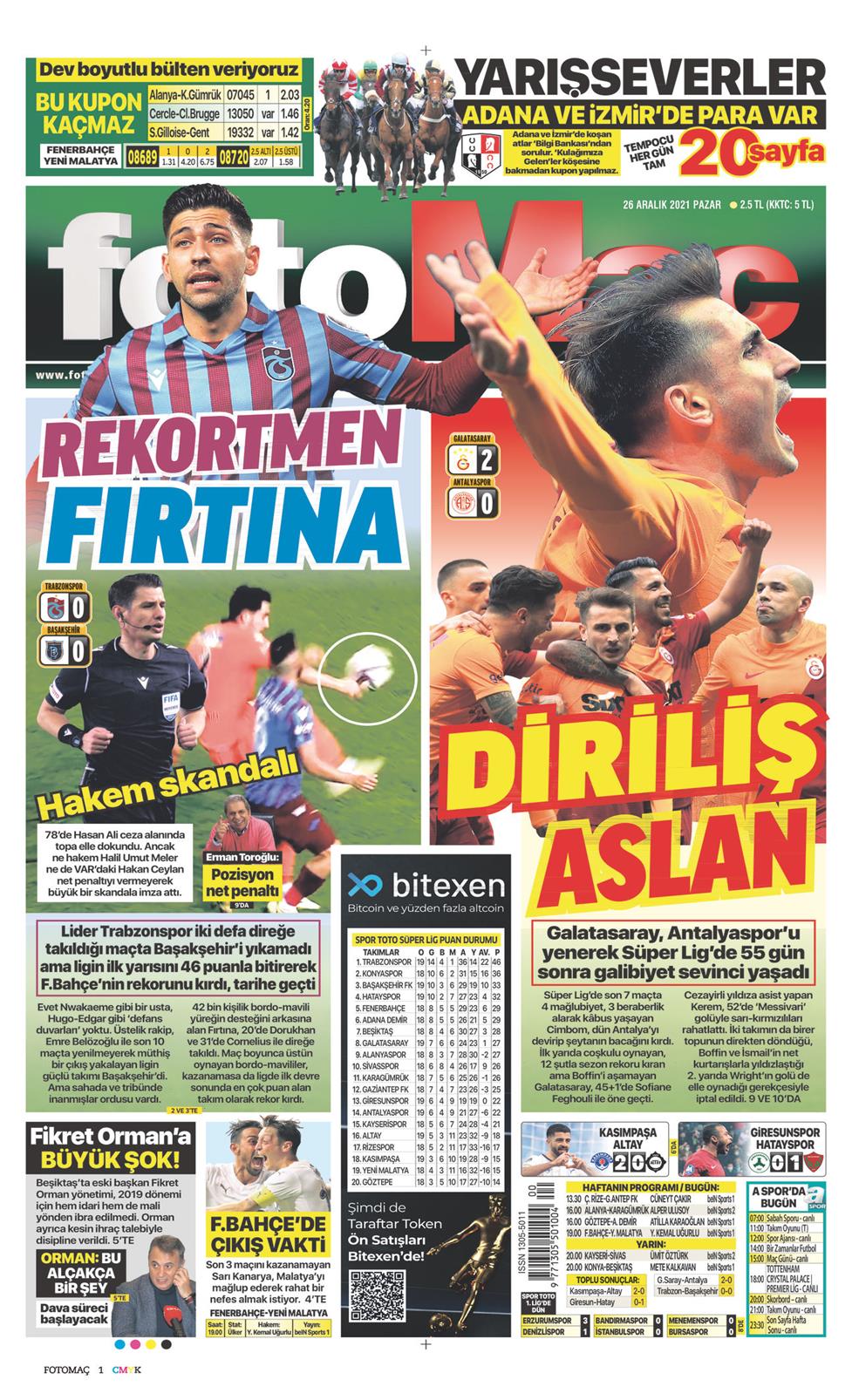 26 Aralık 2021 Pazar - Fotomaç gazetesi manşet