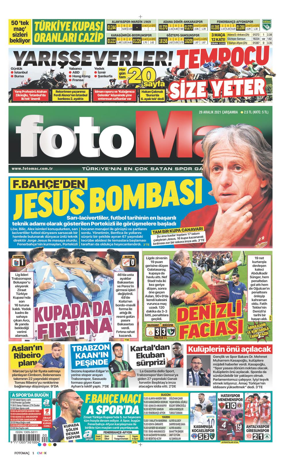 29 Aralık 2021 Çarşamba - Fotomaç gazetesi manşet