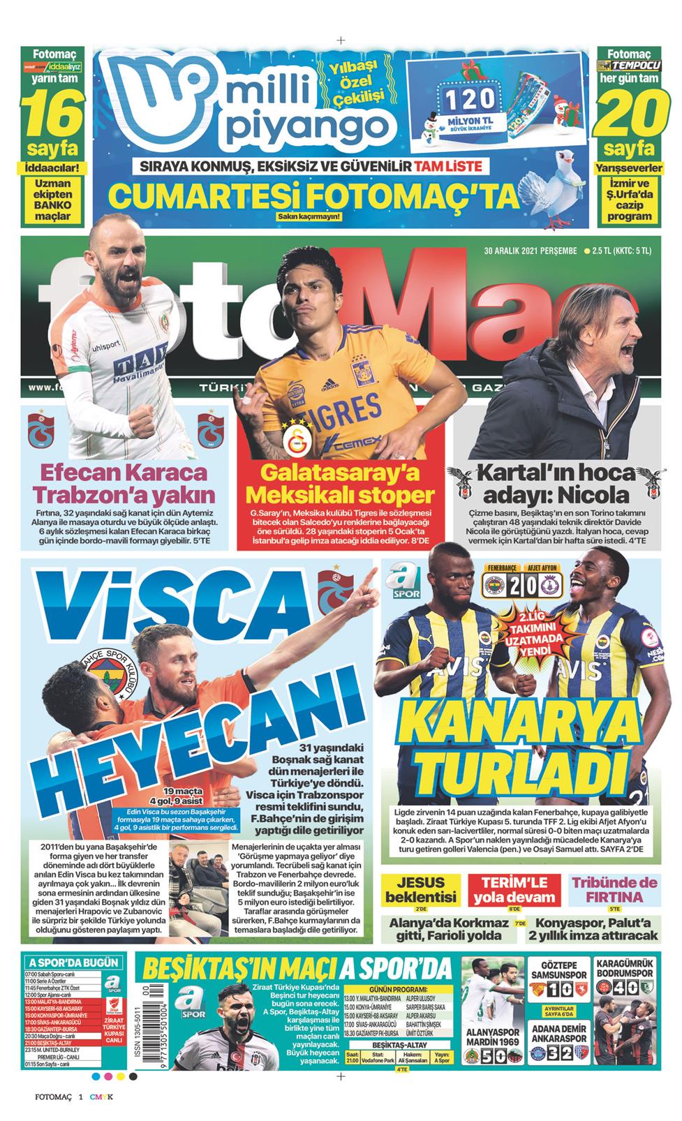 30 Aralık 2021 Perşembe - Fotomaç gazetesi manşet