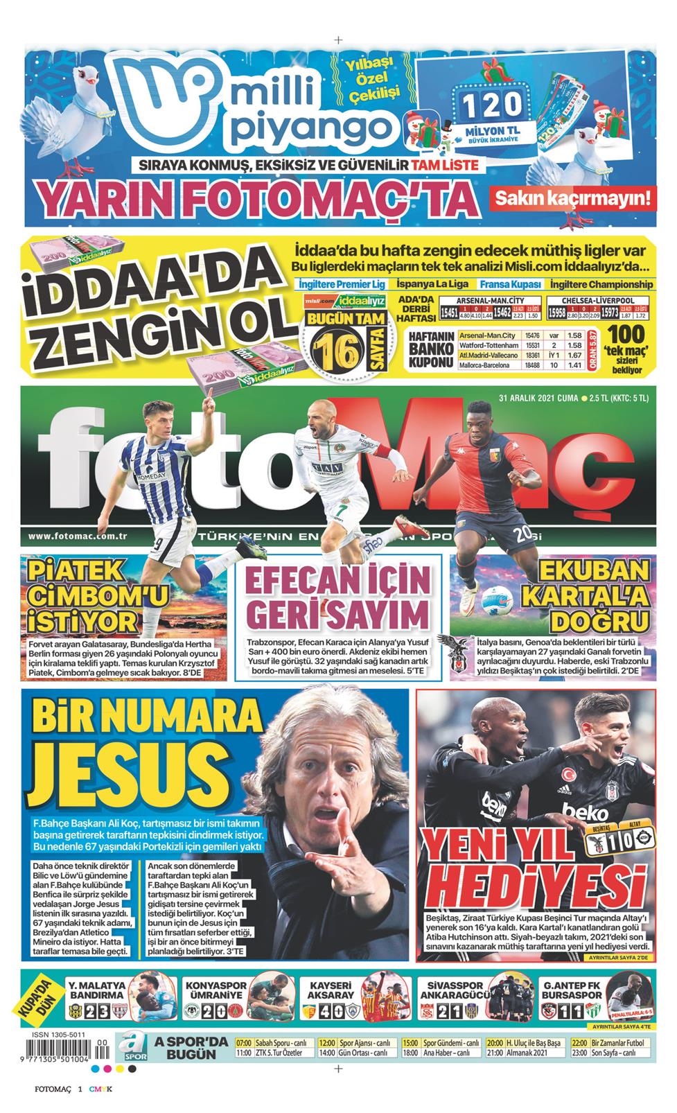 31 Aralık 2021 Cuma - Fotomaç gazetesi manşet