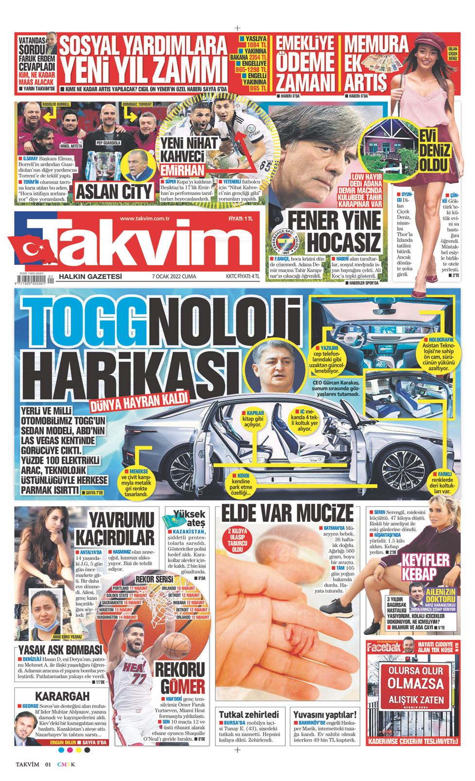 Takvim Gazetesi 7 Ocak 2022, Cuma Günü Manşeti