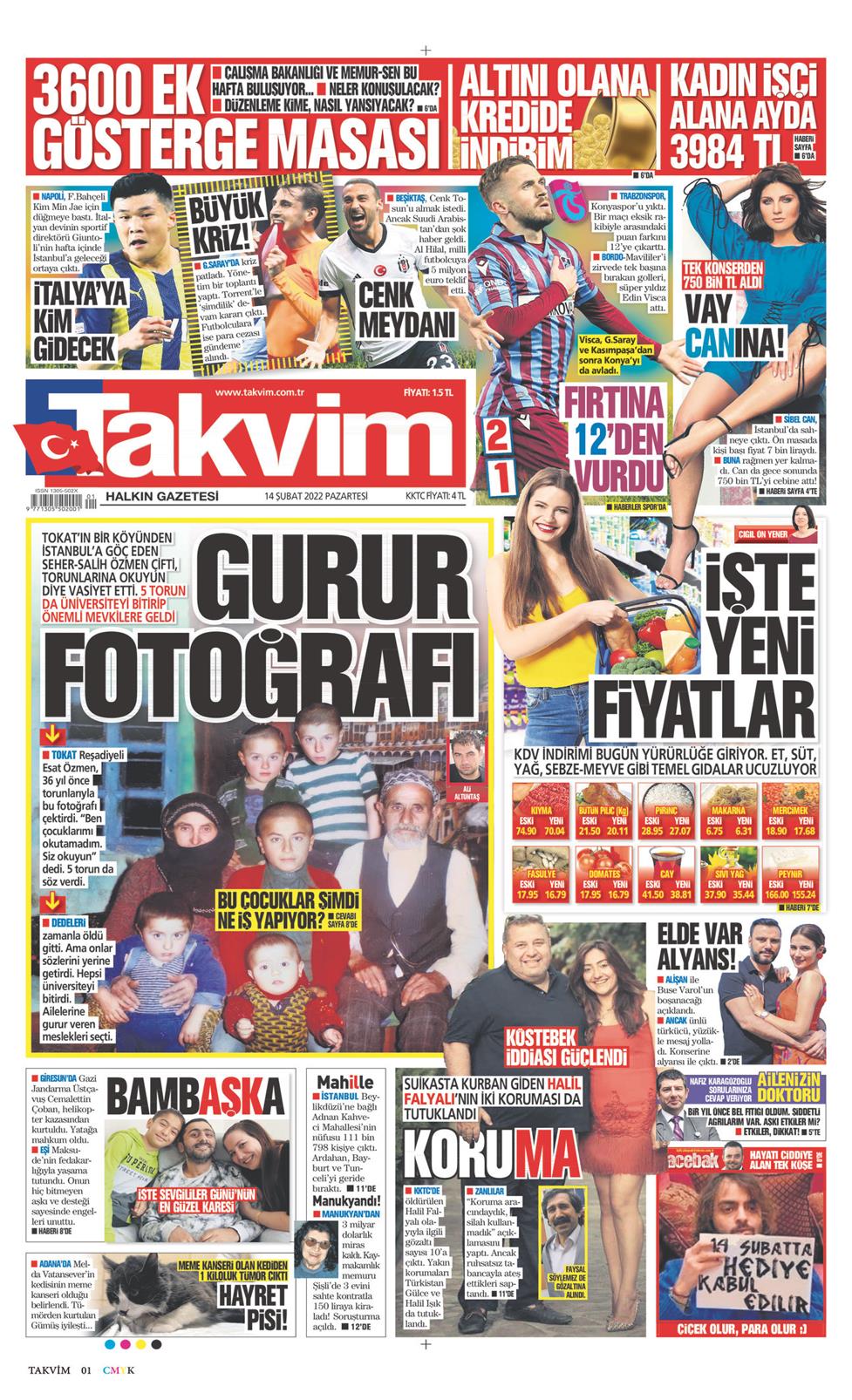 Takvim Gazetesi 14 Şubat 2022, Pazartesi Günü Manşeti