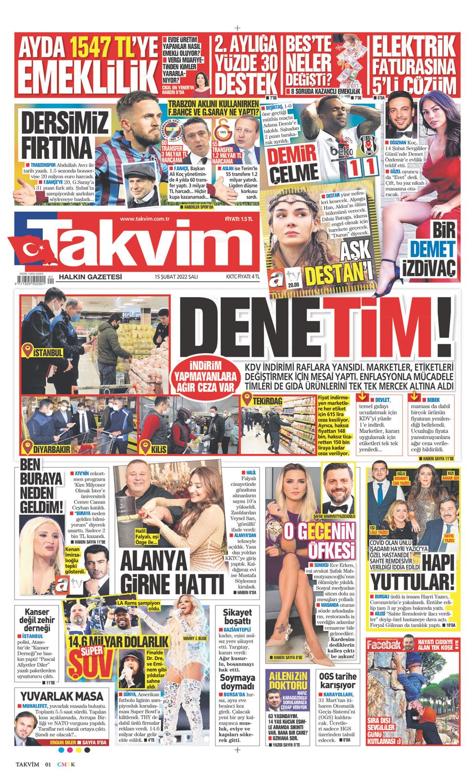 15 Şubat 2022 Salı - Takvim gazetesi manşet