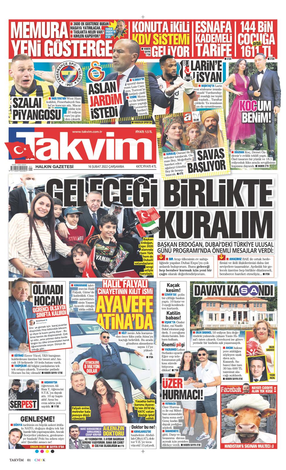 16 Şubat 2022 Çarşamba - Takvim gazetesi manşet
