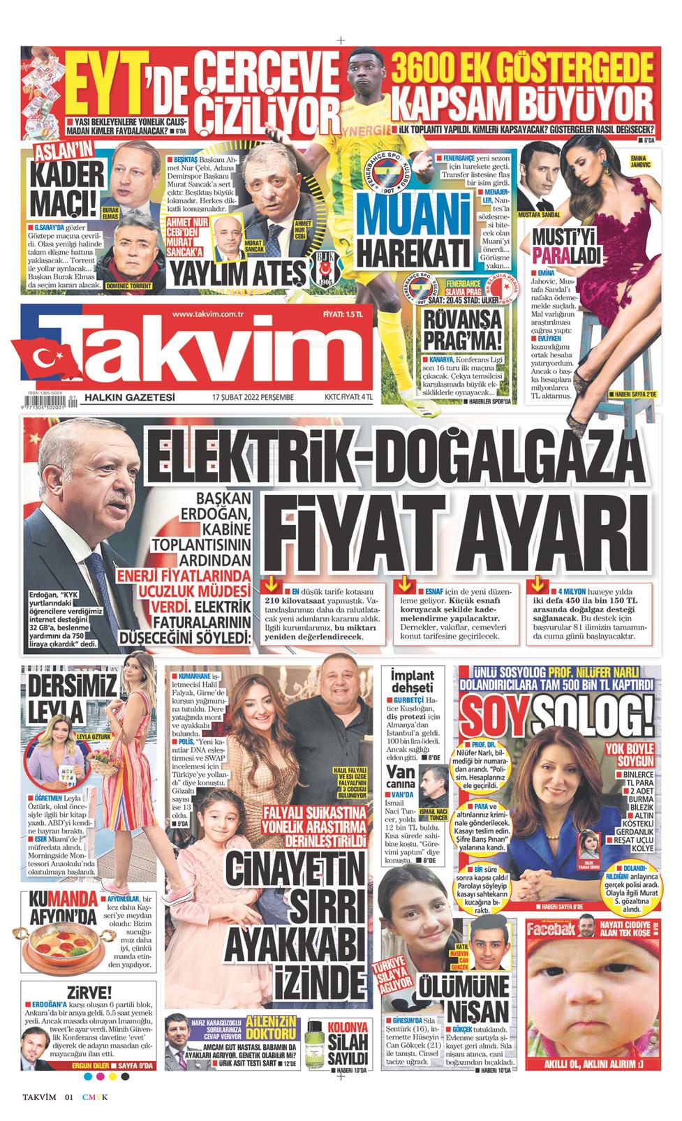 17 Şubat 2022 Perşembe - Takvim gazetesi manşet
