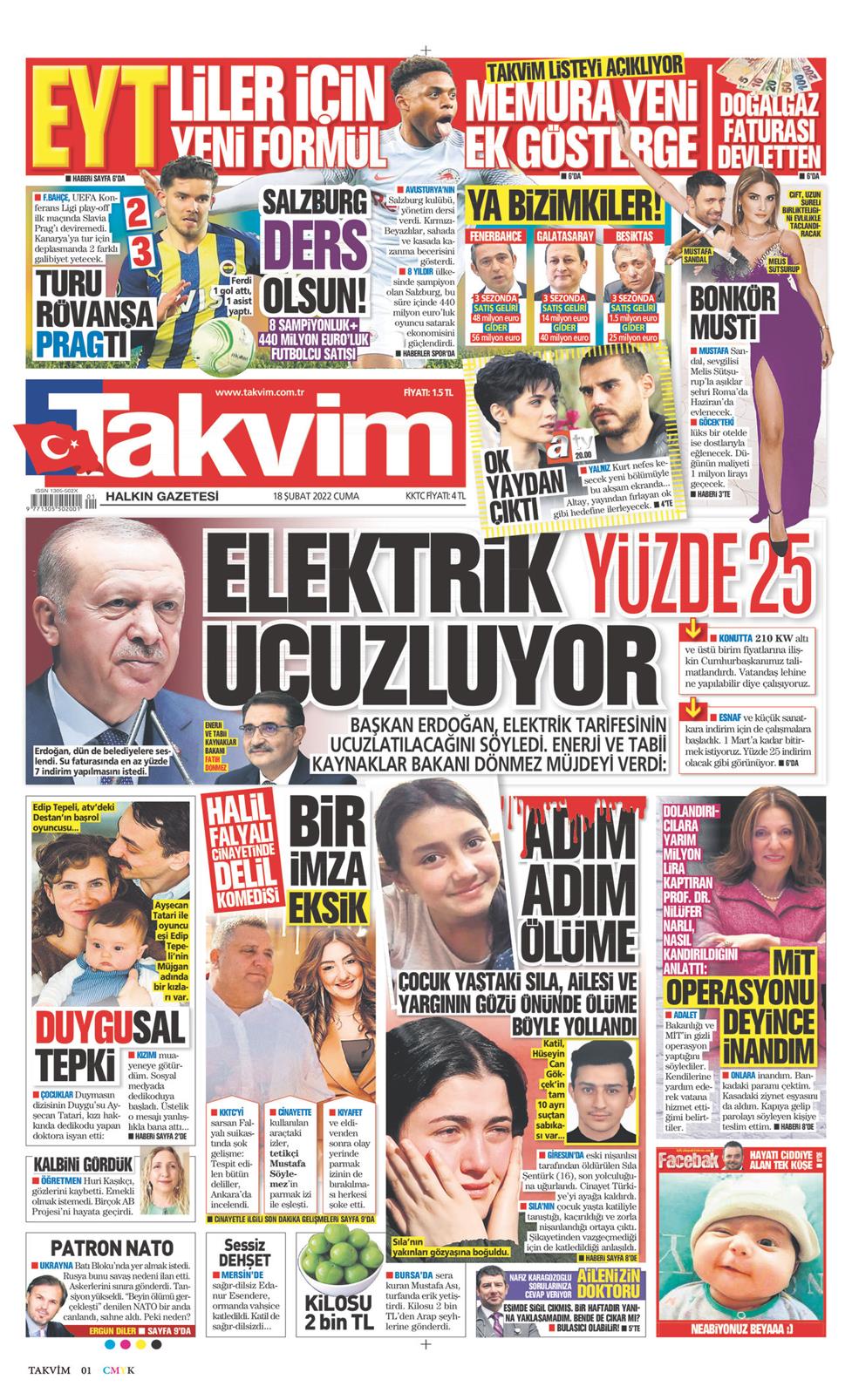18 Şubat 2022 Cuma - Takvim gazetesi manşet