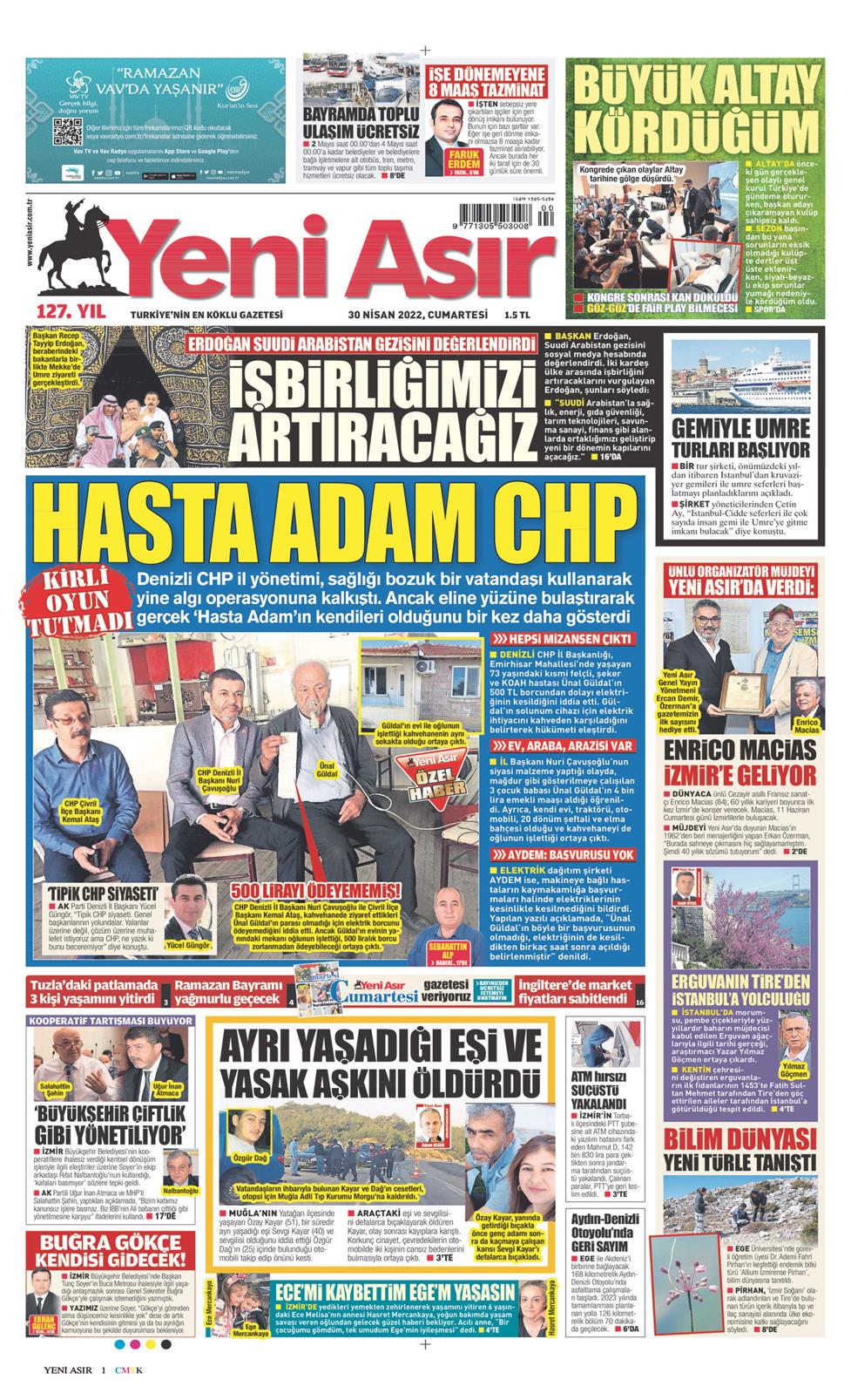 30 Nisan 2022 Cumartesi - Yeni Asır gazetesi manşet