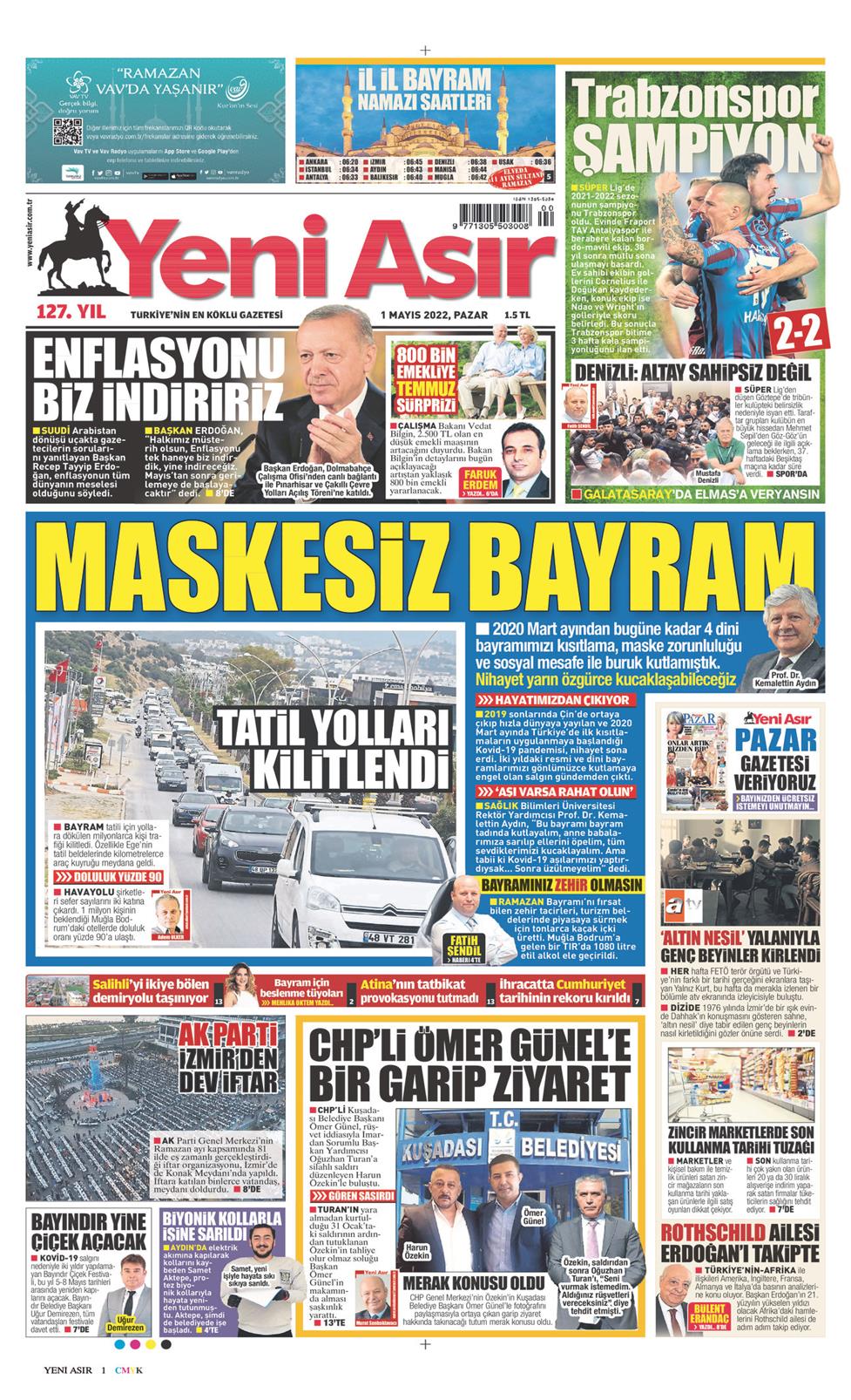 01 Mayıs 2022 Pazar - Yeni Asır gazetesi manşet