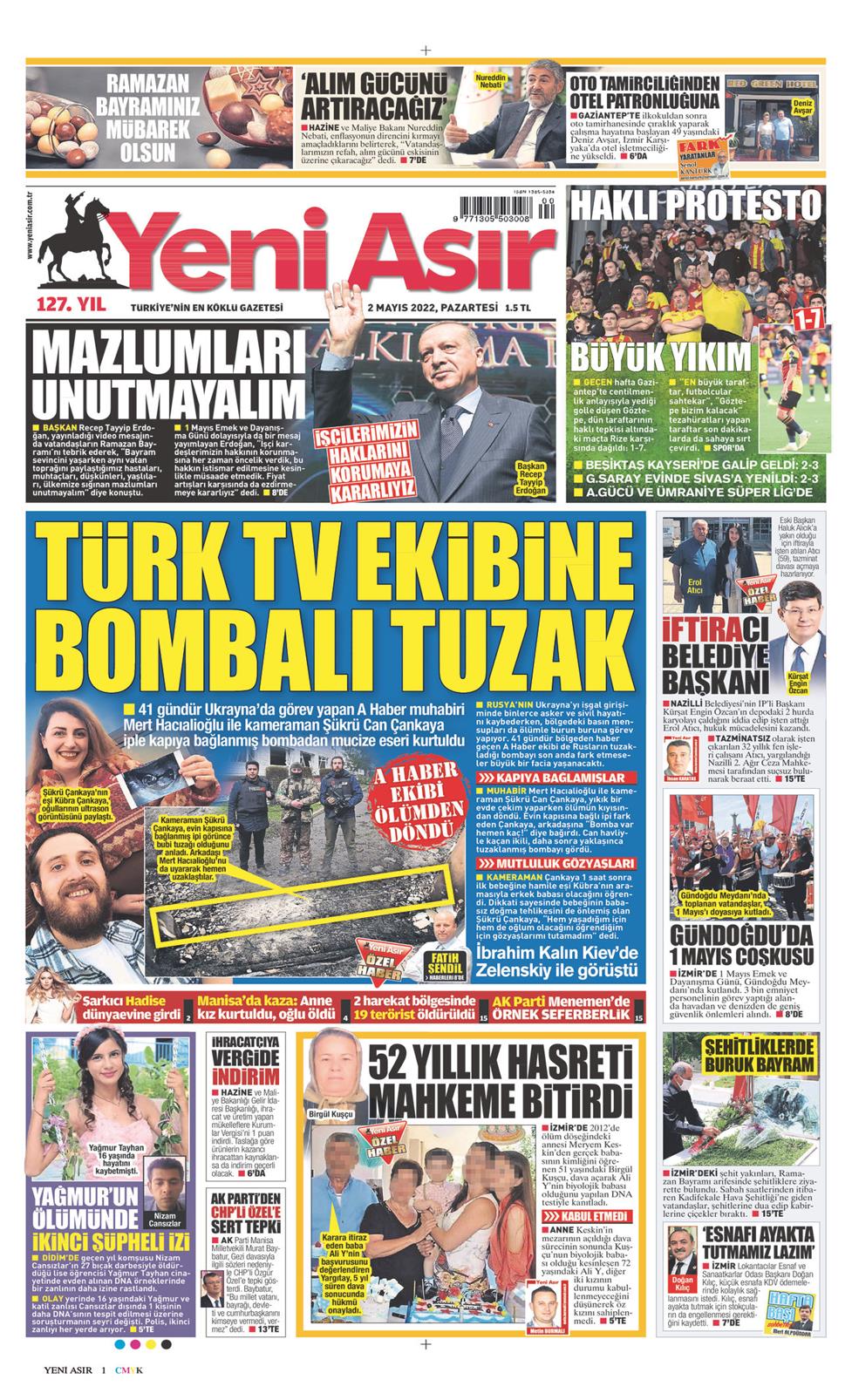 02 Mayıs 2022 Pazartesi - Yeni Asır gazetesi manşet