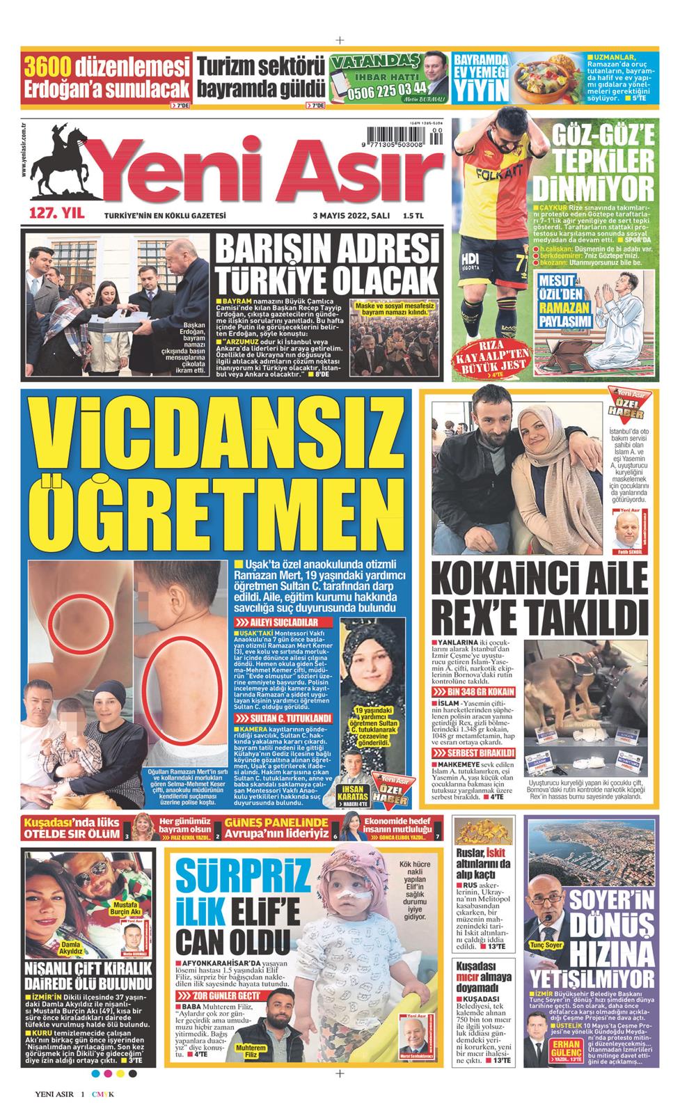 03 Mayıs 2022 Salı - Yeni Asır gazetesi manşet
