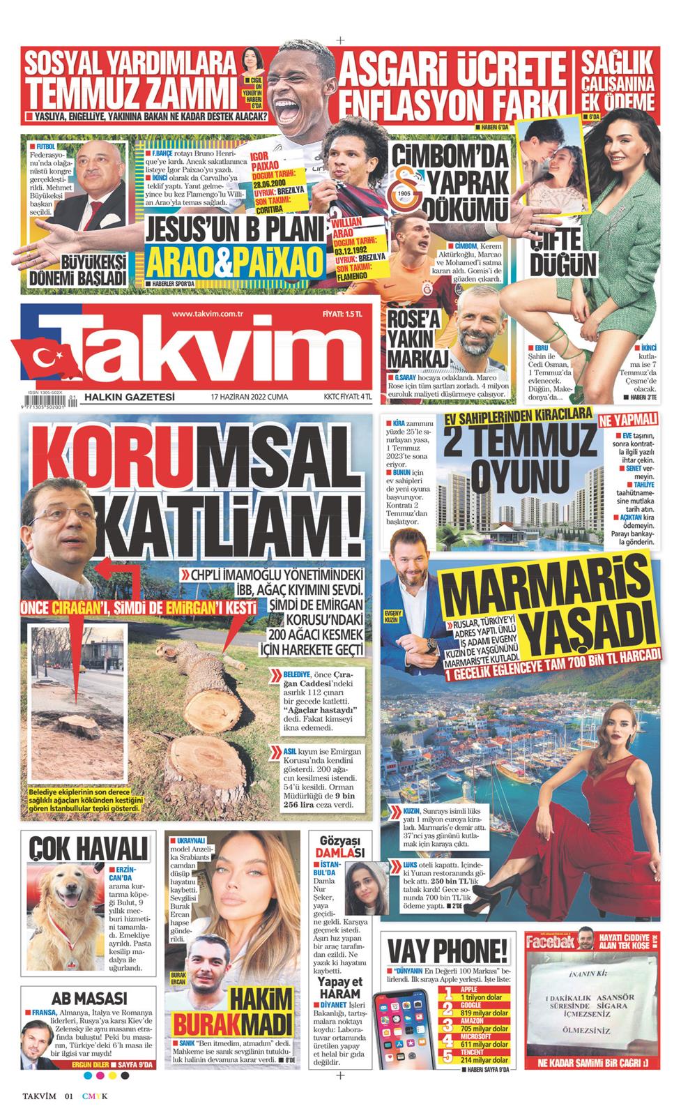 17 Haziran 2022 Cuma - Takvim gazetesi manşet