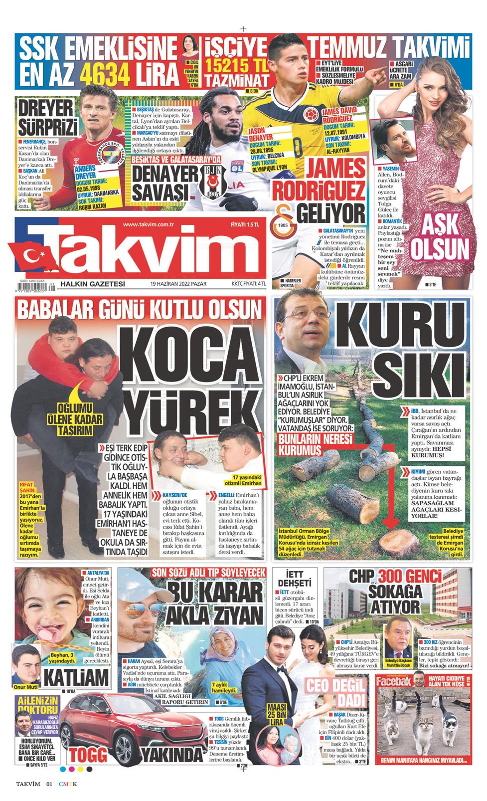 19 Haziran 2022 Pazar - Takvim gazetesi manşet