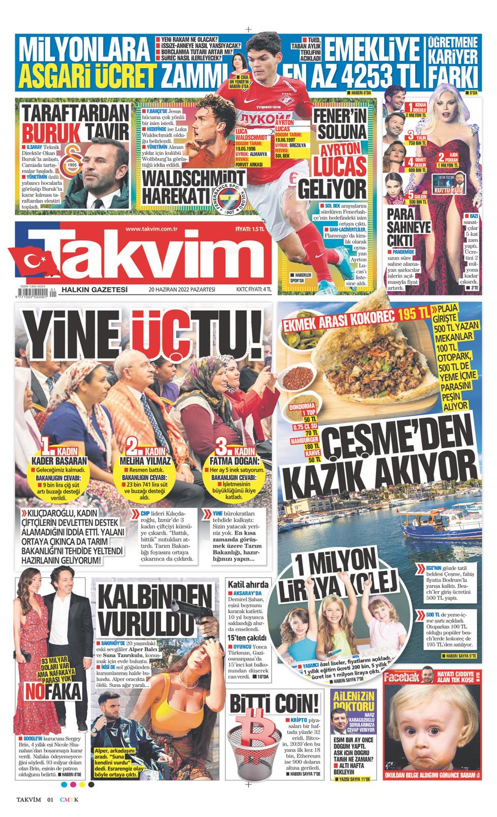 20 Haziran 2022 Pazartesi - Takvim gazetesi manşet