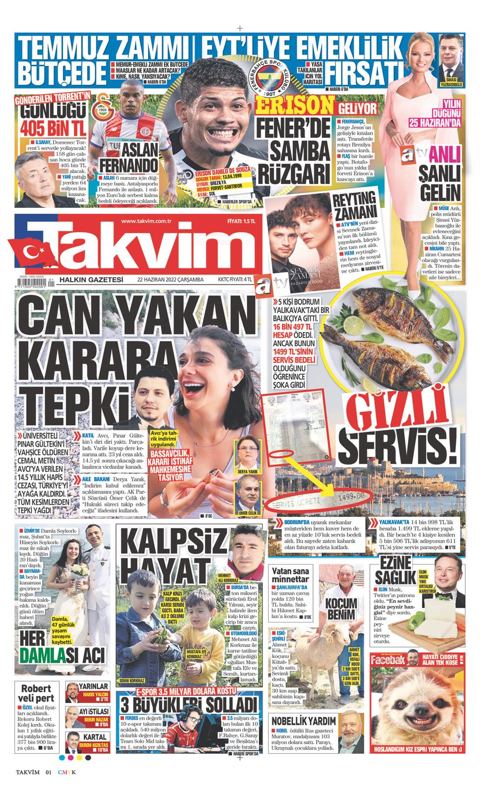 22 Haziran 2022 Çarşamba - Takvim gazetesi manşet