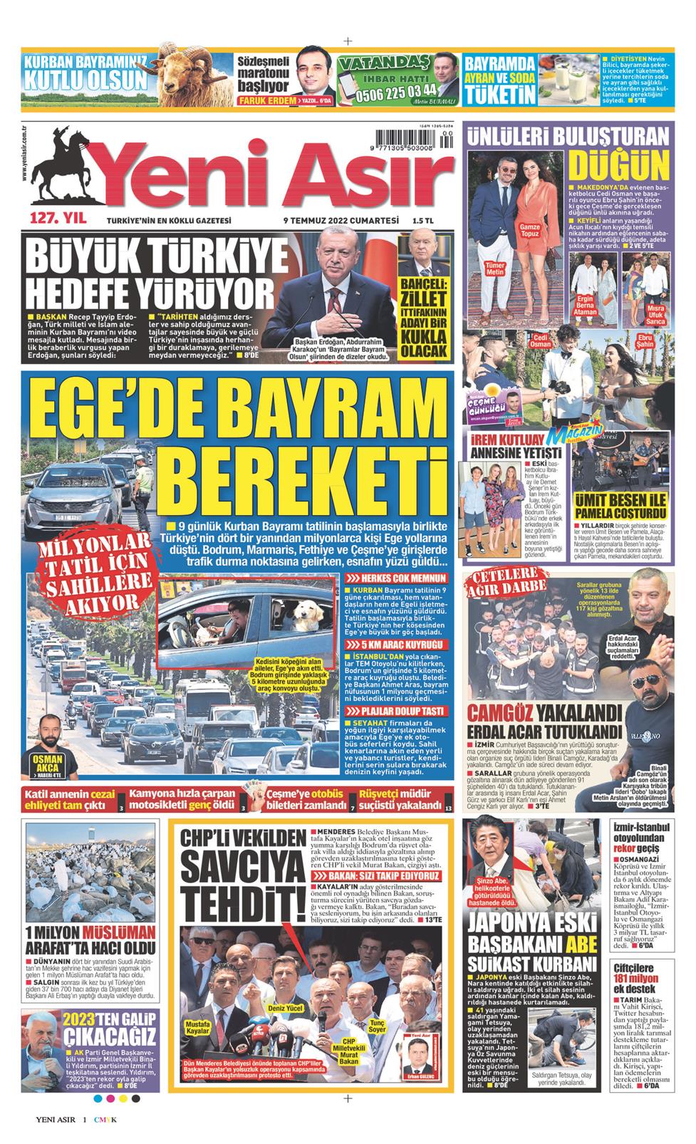 09 Temmuz 2022 Cumartesi - Yeni Asır gazetesi manşet